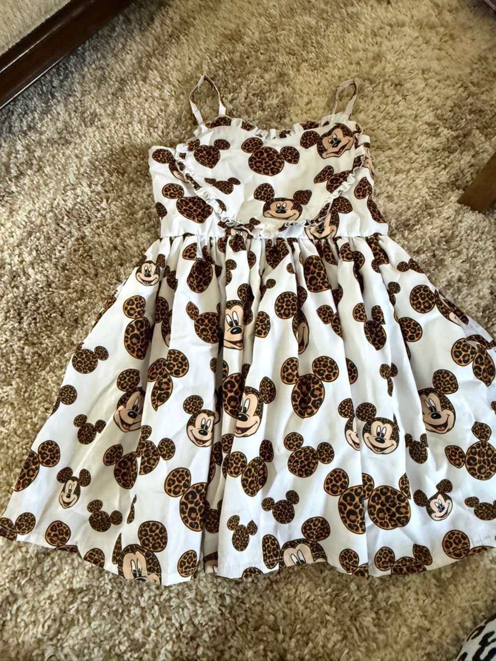 Girls White Sleeveless Dress with Brown Leopard Mickey Print